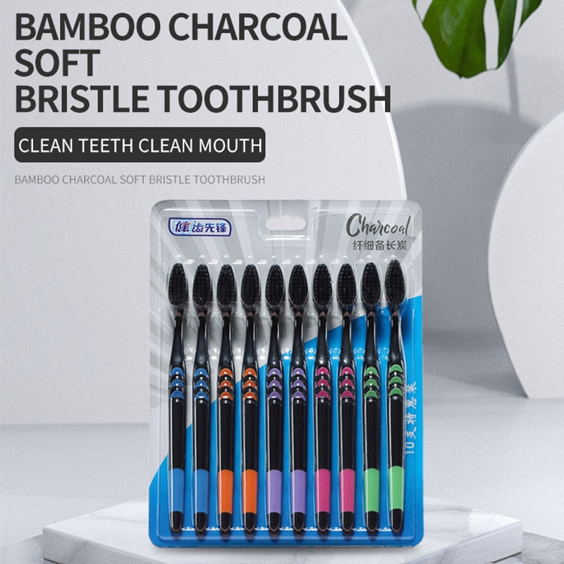 10pcs Toothbrush Soft Bristle Adult Bamboo Charcoal Household Fine Wool Antibacterial Men and Women Family Dental Oral Care