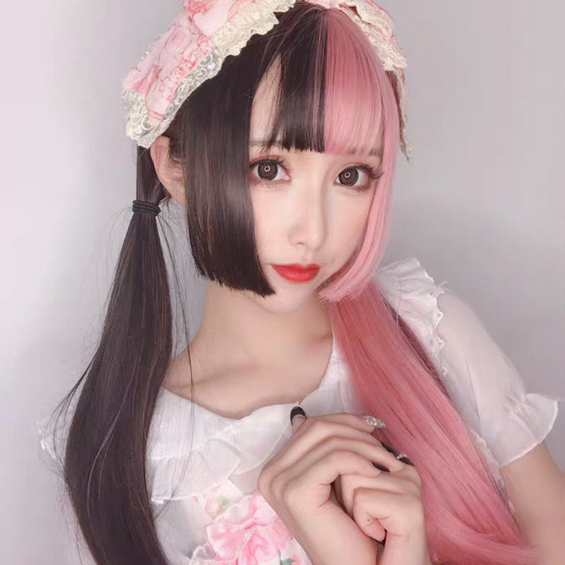 Yin Yang color wig female powder black double tried raw princess cut long straight hair personal handsome cosplay fake