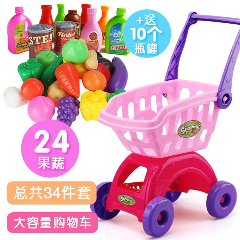 Small kid children passing home baby trolley toy boys girl supermarket shopping cart cut fruit