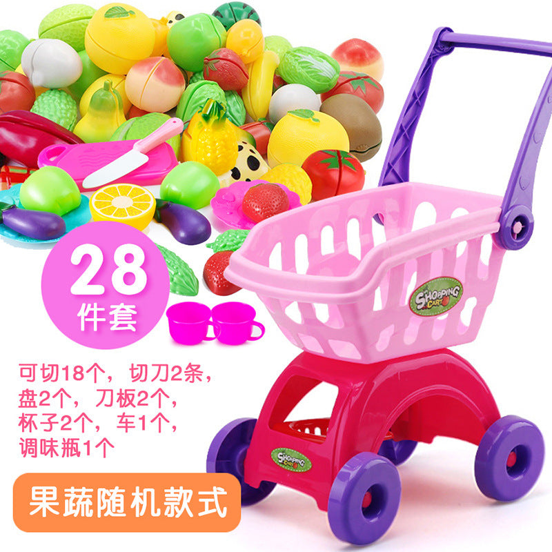 Small kid children passing home baby trolley toy boys girl supermarket shopping cart cut fruit