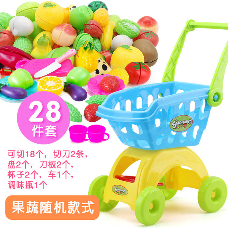 Small kid children passing home baby trolley toy boys girl supermarket shopping cart cut fruit