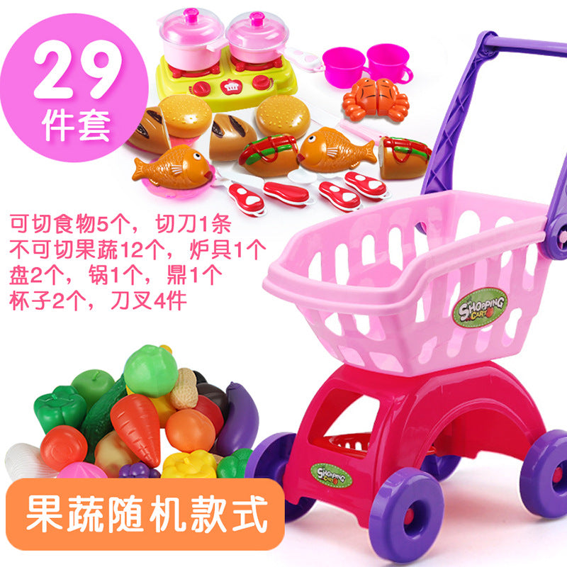 Small kid children passing home baby trolley toy boys girl supermarket shopping cart cut fruit