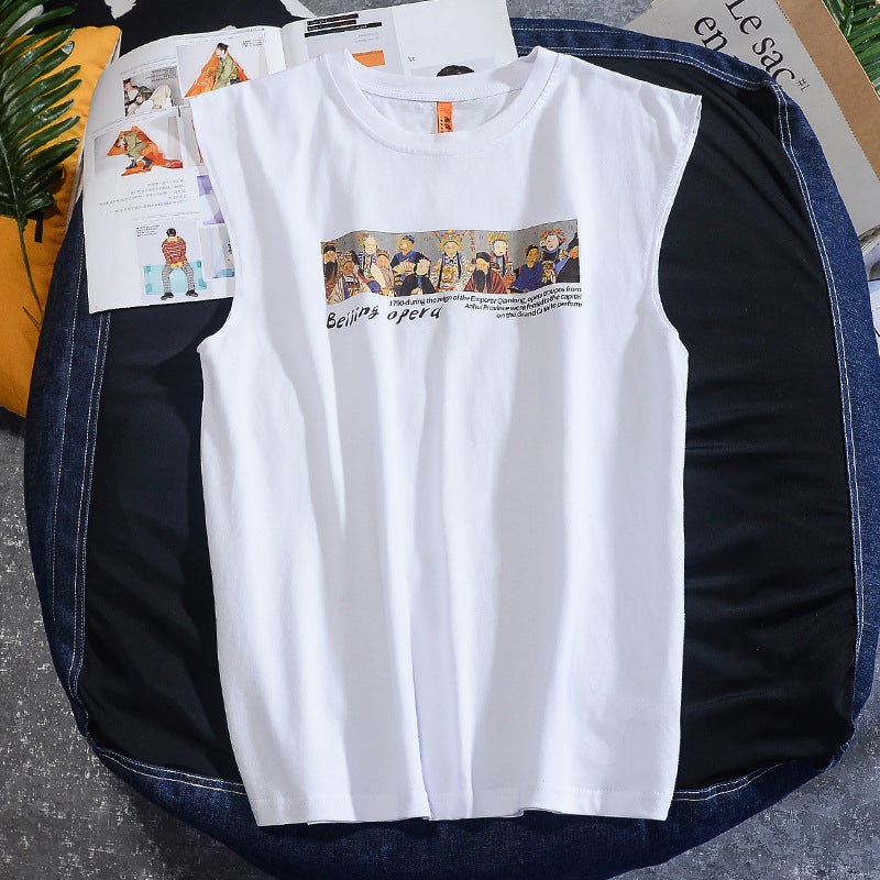 Cotton new summer port-style couple T-shirt sleeveless men's Hong Kong wind loose cave shoulder sleeve vest a generation