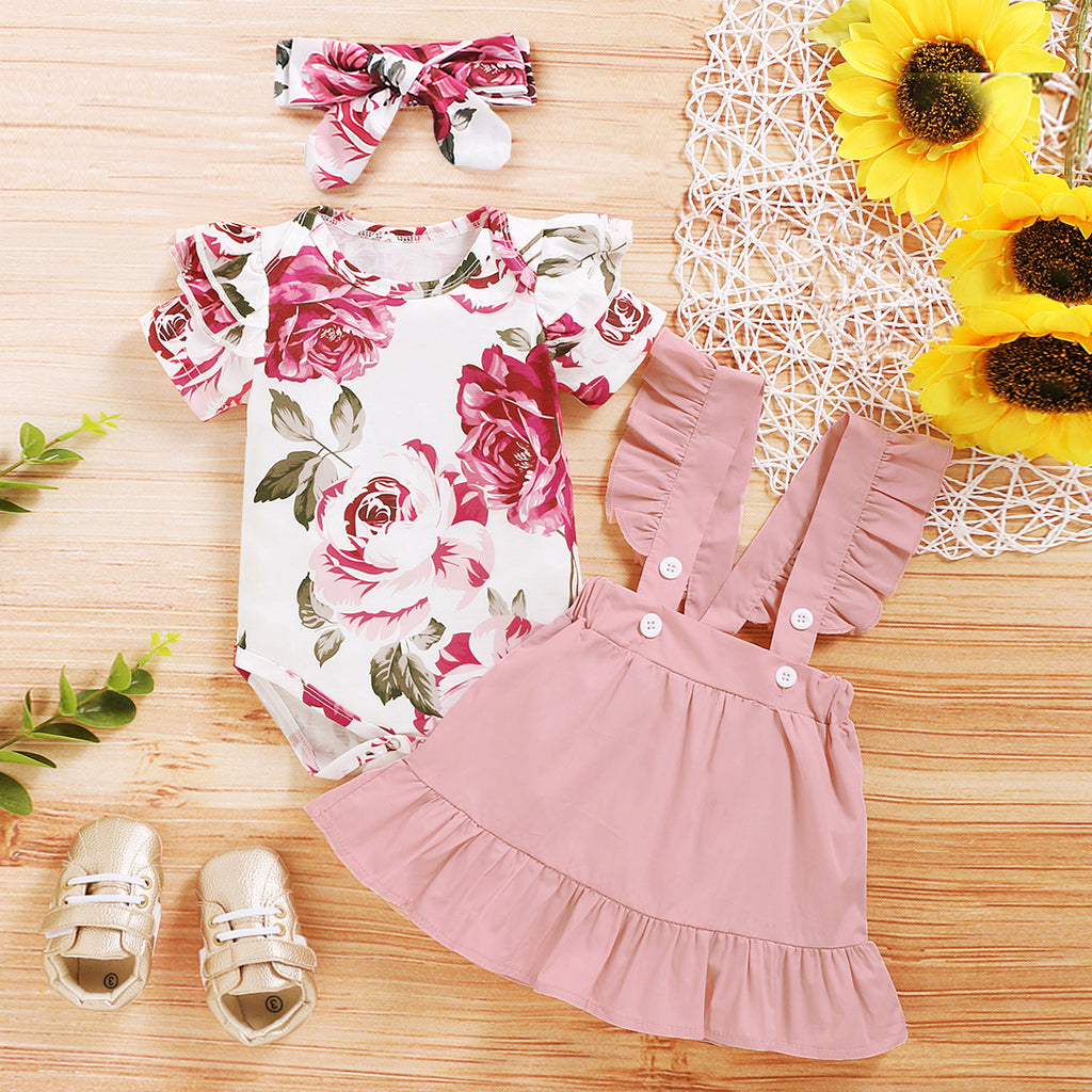 Girls spring and autumn skirt 2020 European and American new short-sleeved floral blouse + lace suspender skirt three-piece set