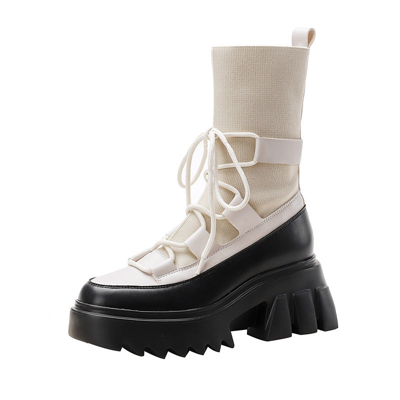 European station Martin boots Yinglan wind women's round head socks boots thick bottom pine cake boots straps show thin elastic boots