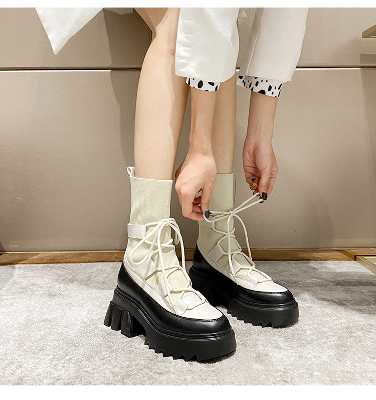 European station Martin boots Yinglan wind women's round head socks boots thick bottom pine cake boots straps show thin elastic boots