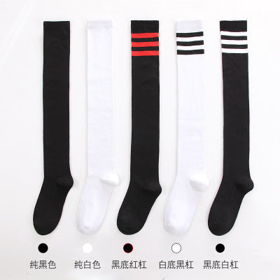 Japanese college wind-saving cotton thick black white strip length sock three bars over knee high stockings student sock manufacturers