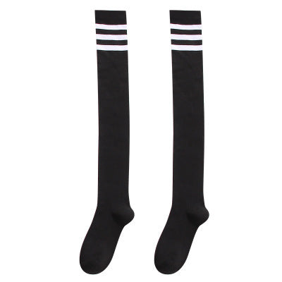 Japanese college wind-saving cotton thick black white strip length sock three bars over knee high stockings student sock manufacturers