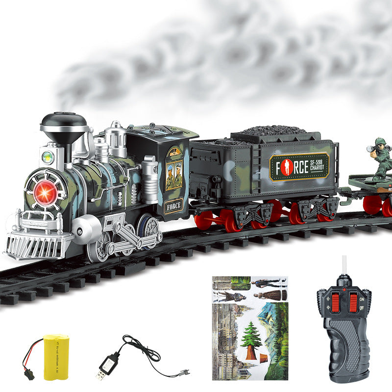 Electric smoke remote control track train simulation model rechargeable steam train children's toys set