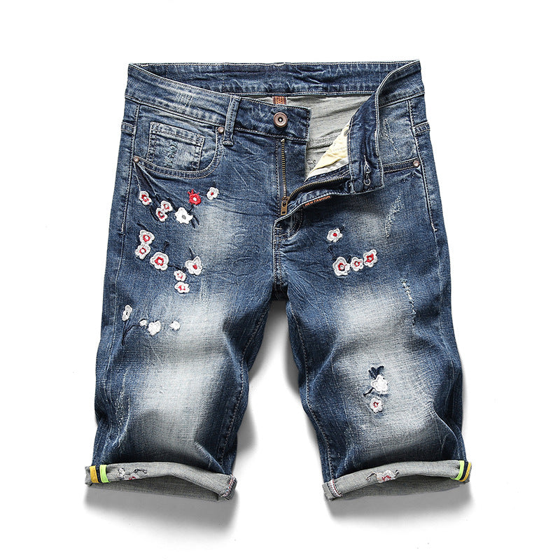 Spring and summer new national tide wind trousers jeans men's embroidery Slim straight wild five points denim short pants male