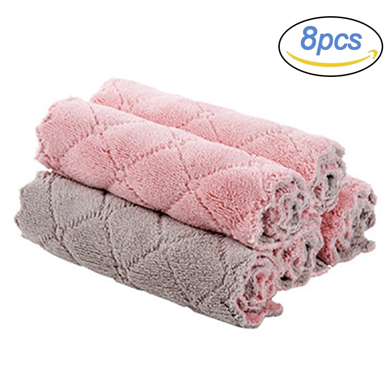 8PCS Microfiber Kitchen Towel Soft Absorbent Dish Towel Non-stick Oil Washing Kitchen Rag Tableware Household Cleaning Tools