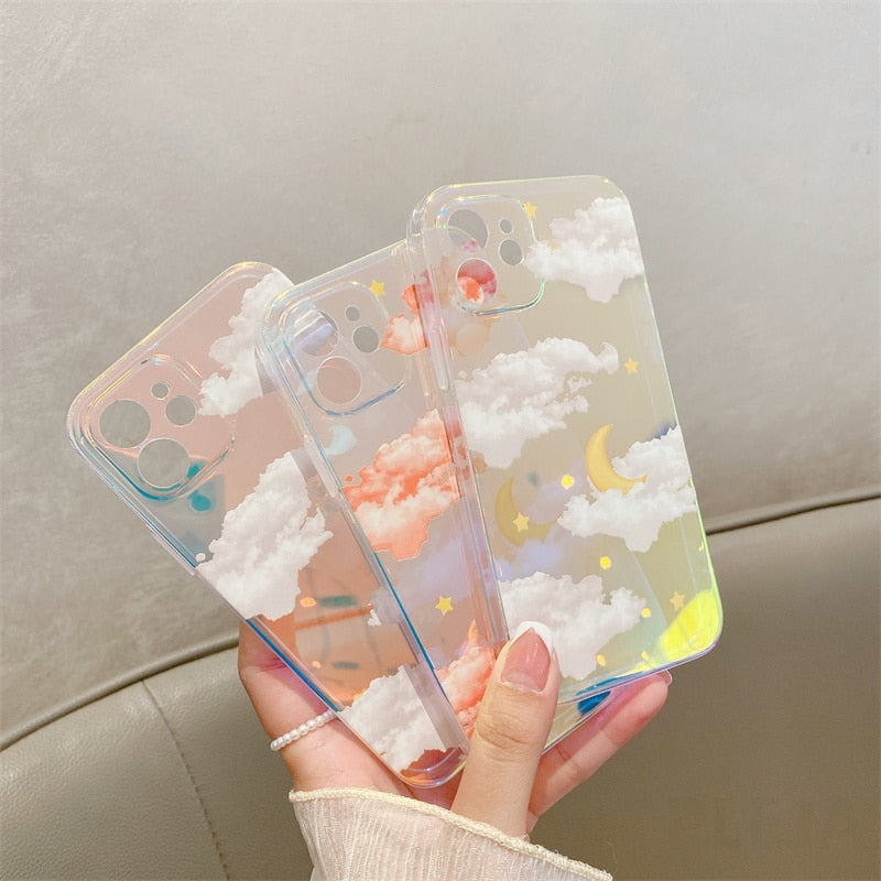 Cute Moon Stars Cloud Patterns Phone Case For iPhone 13 12 mini 11 Pro Max 7 8 Plus X XR XS Max SE 2020 Shell Luxury Laser Cover