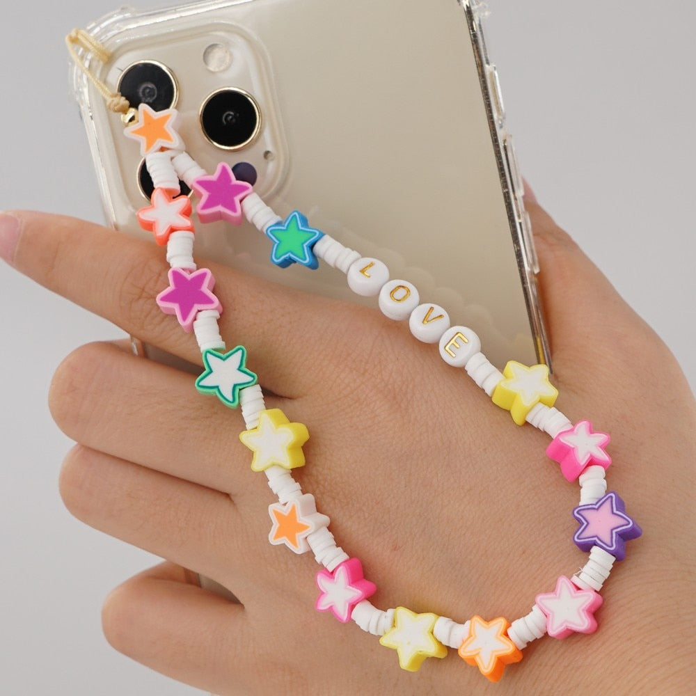 Shinus Heishi Disc Beads Crystal Chain For Phone Mobile Phone Lanyard Smile Cell Phone Chains 2021 LOVE Letter String Wristband