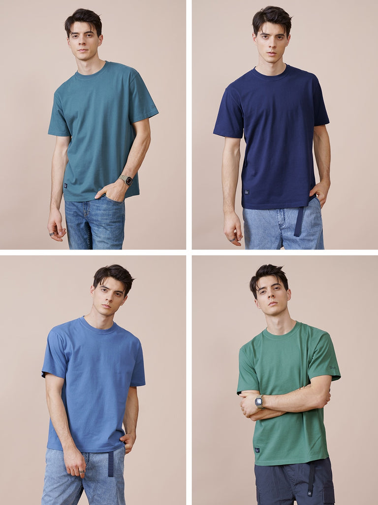 SIMWOOD 2021 Summer New 250g 100% Cotton Fabric T-shirt Men High Quality Solid Color Drop Sleeve Loose Tshirts Oversize Tops