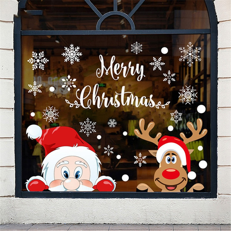 2022 Removable Christmas PVC Static Sticker Santa Elk Window Stickers Beautify Snowflake Wall Decals New Year Party Glass Paste