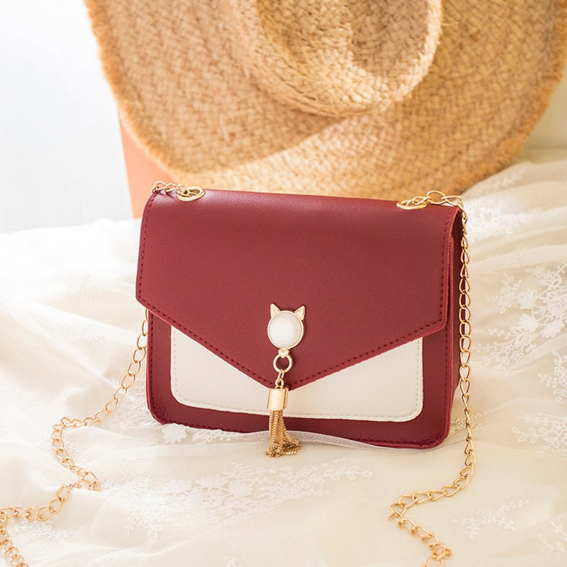 Women's Korean-Style Hardware Tassel Pu Shoulder Bag Contrast Color Purse Small Bag Patched Patched Simple Elegant Outdoor Bag