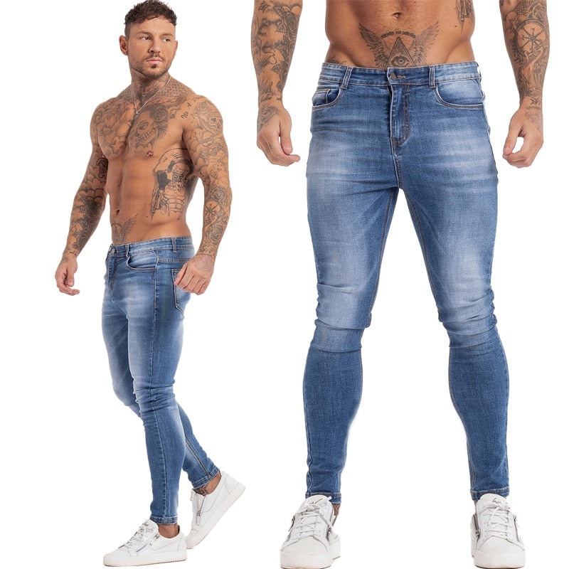 GINGTTO Jeans Men Elastic Waist Skinny Jeans Men 2020 Stretch Ripped Pants Streetwear Mens Denim Jeans Blue