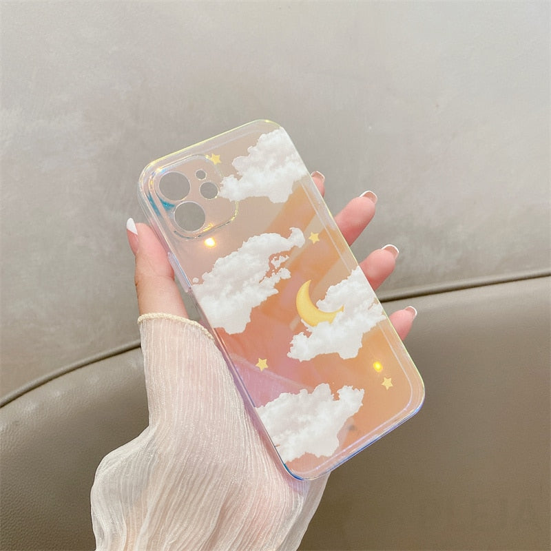 Cute Moon Stars Cloud Patterns Phone Case For iPhone 13 12 mini 11 Pro Max 7 8 Plus X XR XS Max SE 2020 Shell Luxury Laser Cover