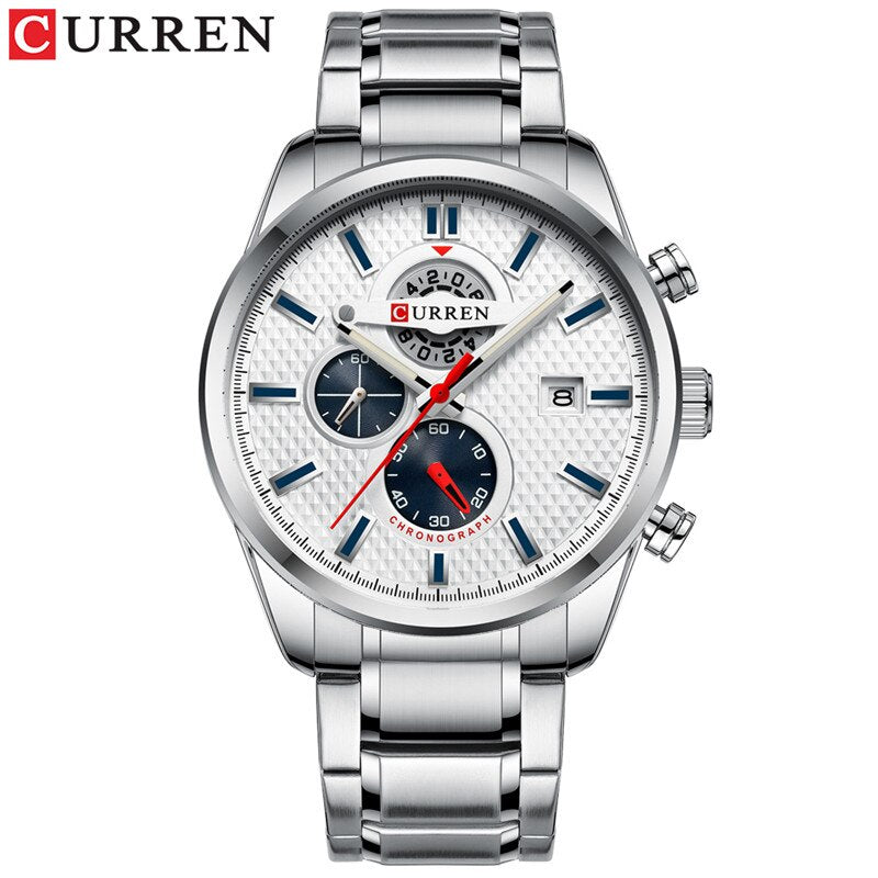 CURREN homme montre-bracelet étanche chronographe  marque de luxe argent acier inoxydable Sport