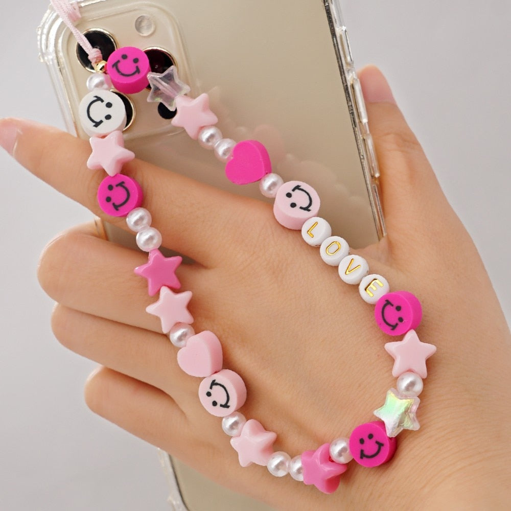 Shinus Heishi Disc Beads Crystal Chain For Phone Mobile Phone Lanyard Smile Cell Phone Chains 2021 LOVE Letter String Wristband