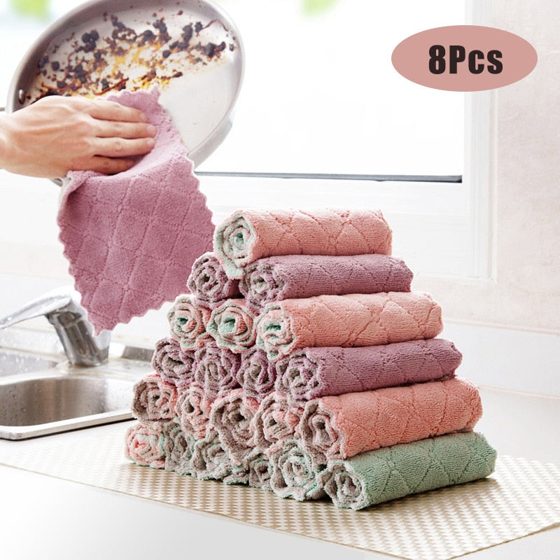 8PCS Microfiber Kitchen Towel Soft Absorbent Dish Towel Non-stick Oil Washing Kitchen Rag Tableware Household Cleaning Tools