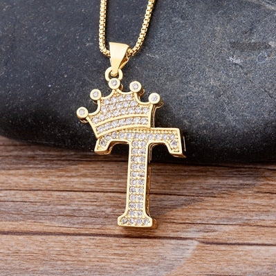 New Luxury Copper Zircon A-Z Crown Alphabet Pendant Chain Necklace Punk Hip-Hop Style Fashion Woman Man Initial Name Jewelry