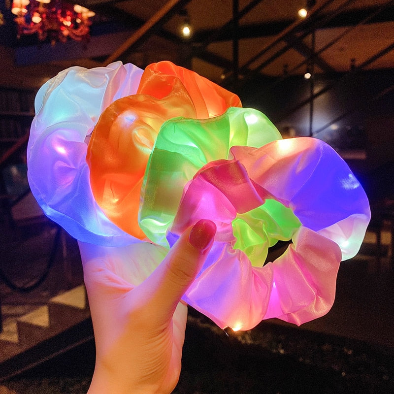 Kids Baby Girls LED Luminous Scrunchies Hairband Ponytail Holder Glow Headwear Elastic Hair Bands Solid Color Hair Accessories