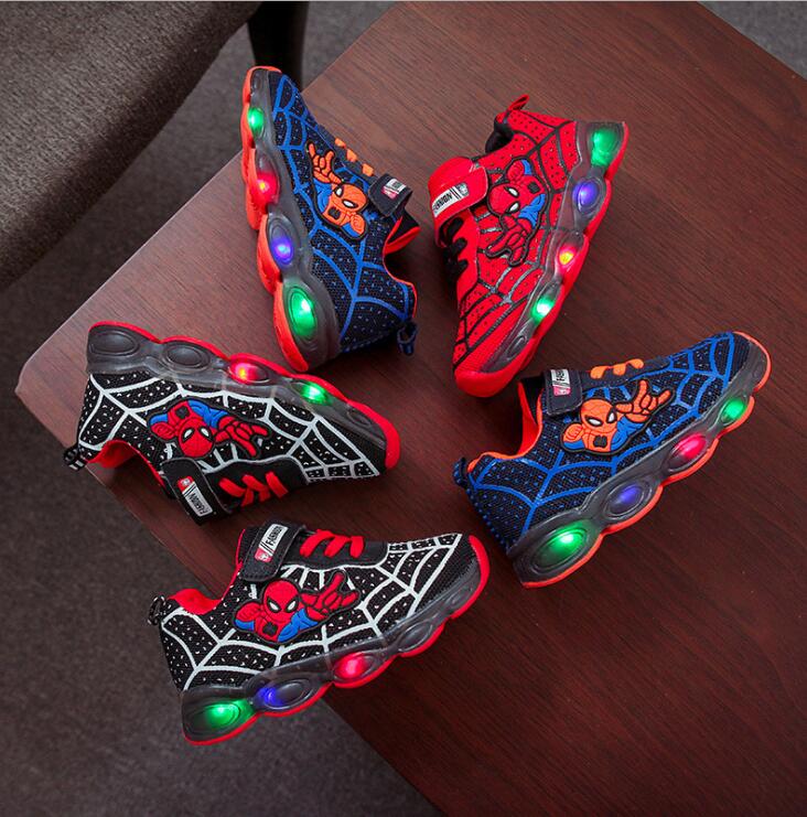 Led luminous Spiderman Kids Shoes for boys girls Light Children Luminous baby Sneakers mesh sport Boy Girl Led Light Shoes