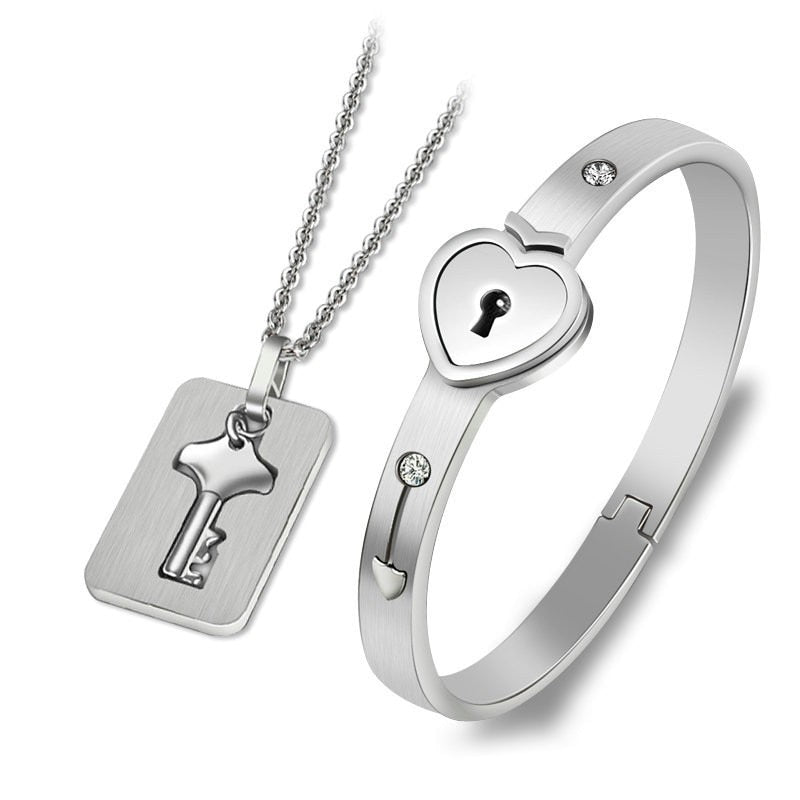 VIP Fashion Concentric Lock Key Titanium Steel Stainless Steel Jewelry Bracelet Necklace Couple Sets