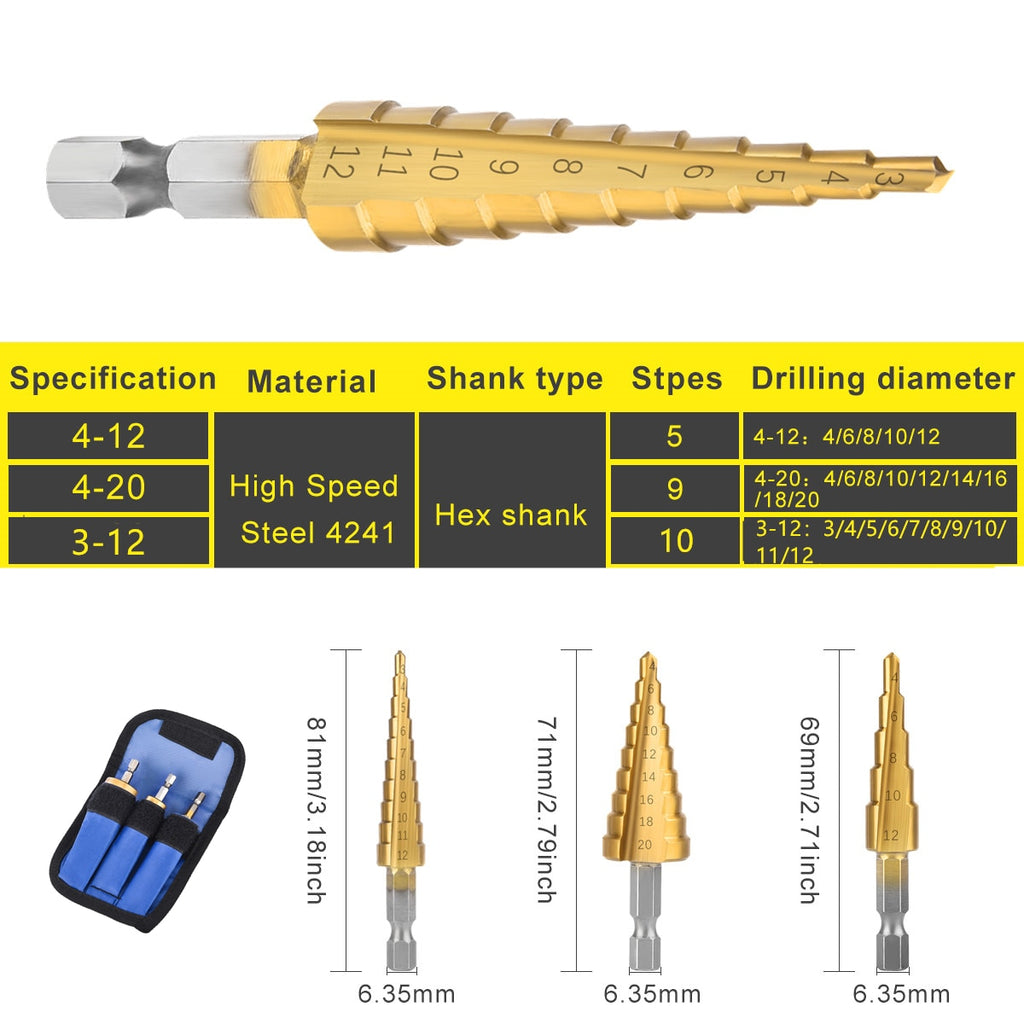 3Pcs/set 3-12mm 4-12mm 4-20mm HSS Straight Groove Step Drill Bit Titanium Coated Wood Metal Hole Cutter Core Drilling Tools Set