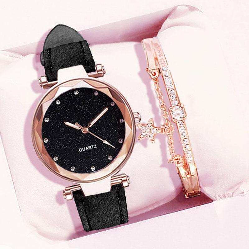 Casual Women Romantic Starry Sky Wrist Watch bracelet Leather Rhinestone Designer Ladies Clock Simple Dress Gfit  Montre Femme