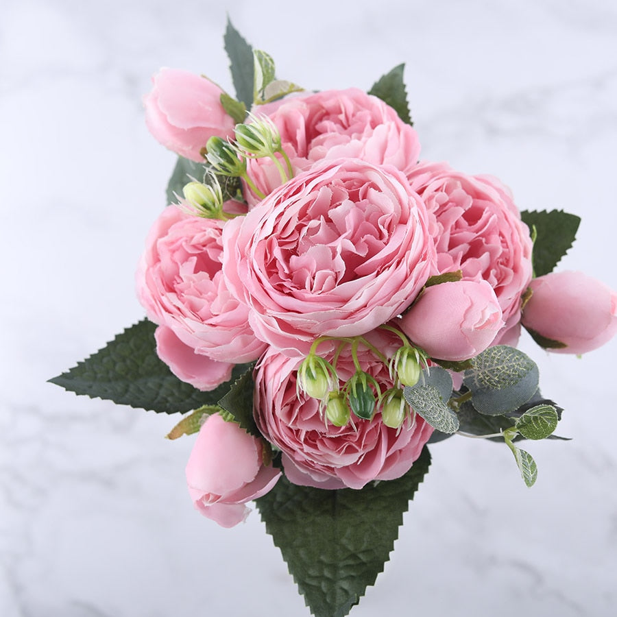 30cm Rose Pink Silk Peony Artificial Flowers Bouquet 5 Big Head and 4 Bud Cheap Fake Flowers for Home Wedding Decoration indoor