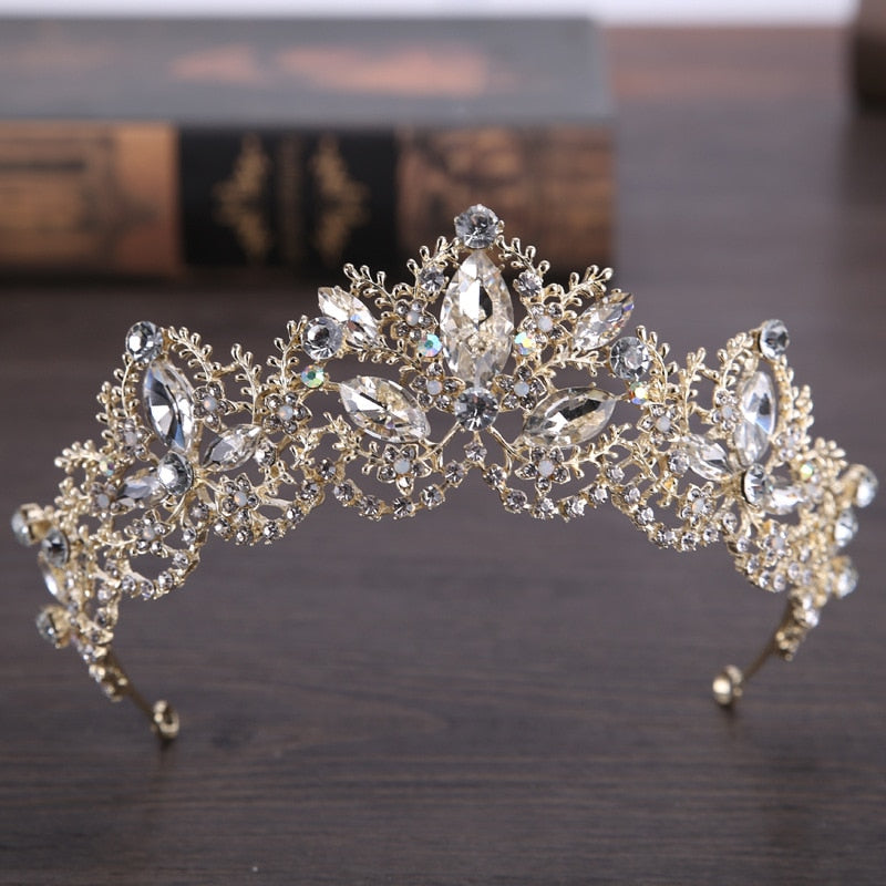 2019 New Fashion Baroque Luxury Crystal AB Bridal Crown Tiaras Light Gold Diadem Tiaras for Women Bride Wedding Hair Accessories