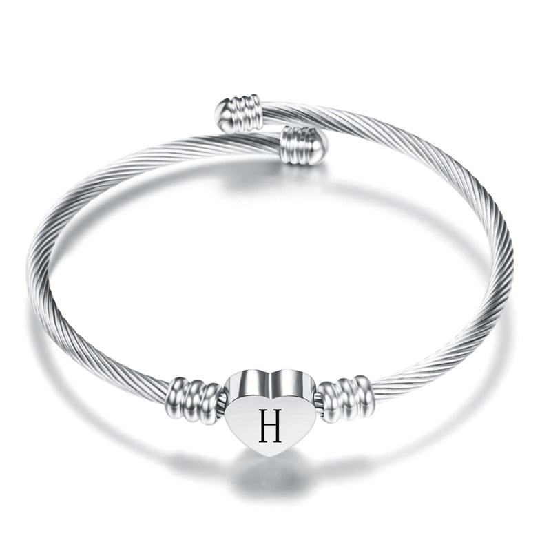 Fashion Heart Charm Bangle With Initial Alphabet Letter Engrave High Quality Women Jewelry Cuff Bangles Wholesale For Party Gift