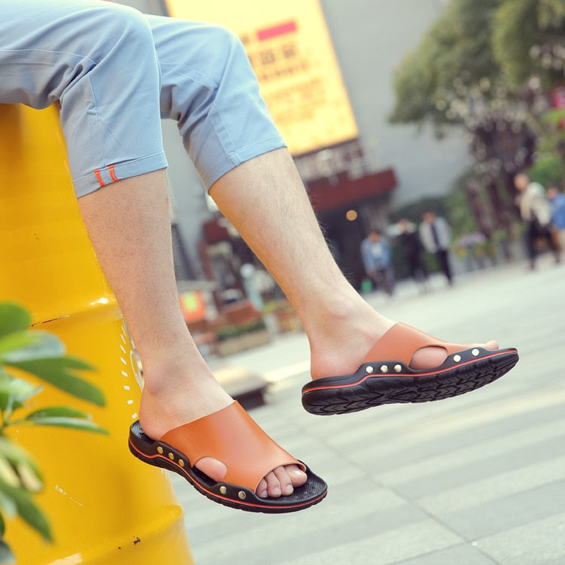 Genuine Cow Leather Slippers Couple Outdoor Non-slip Men Women Home Fashion Casual Single Shoes PVC Soft Soles Spring Summer