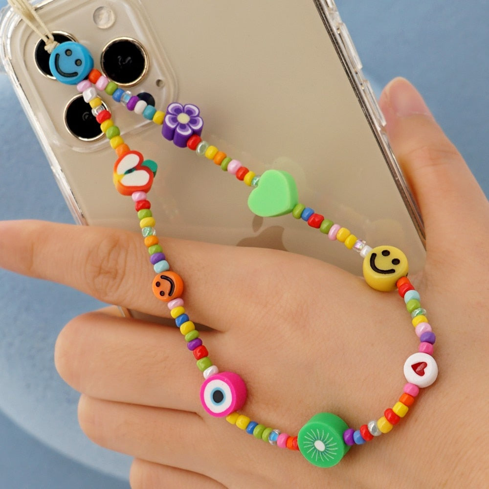 Shinus Heishi Disc Beads Crystal Chain For Phone Mobile Phone Lanyard Smile Cell Phone Chains 2021 LOVE Letter String Wristband