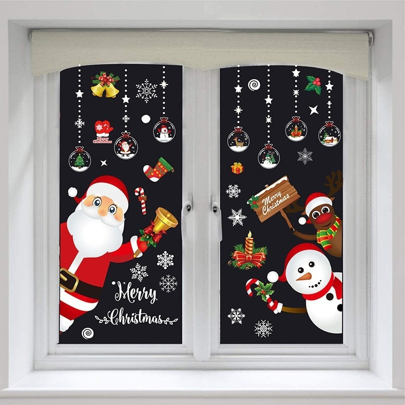 2022 Removable Christmas PVC Static Sticker Santa Elk Window Stickers Beautify Snowflake Wall Decals New Year Party Glass Paste