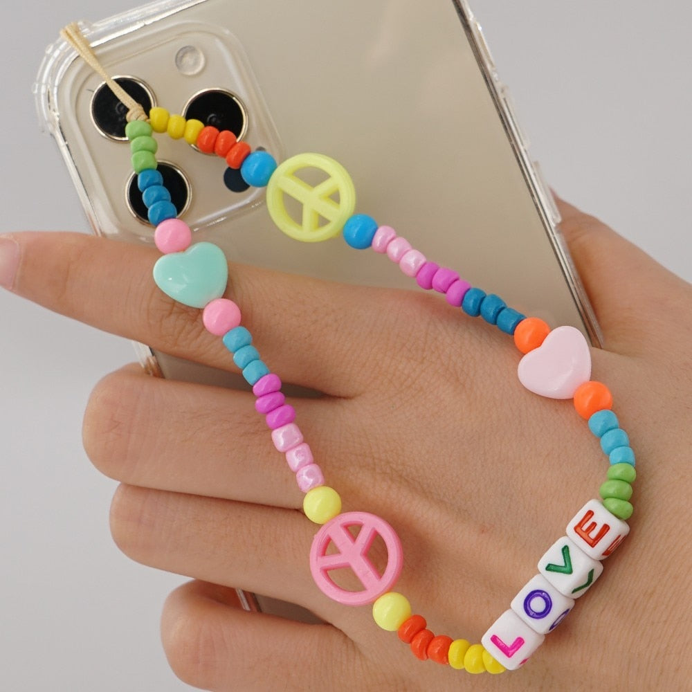 Shinus Heishi Disc Beads Crystal Chain For Phone Mobile Phone Lanyard Smile Cell Phone Chains 2021 LOVE Letter String Wristband