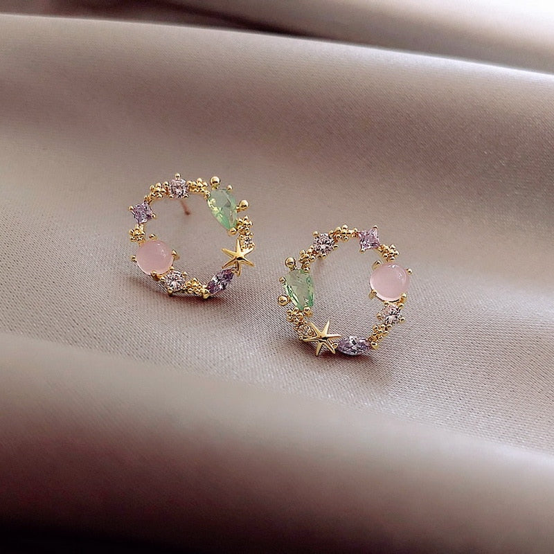 2020 New Arrival Classic Round Pink Green Crystal Stud Earrings Sweet Flower Cirlce Jewelry Fashion Brincos Gift  for women