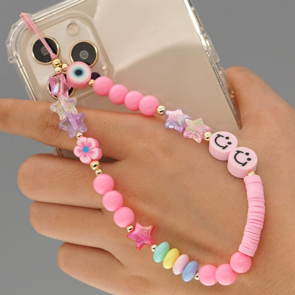 Shinus Heishi Disc Beads Crystal Chain For Phone Mobile Phone Lanyard Smile Cell Phone Chains 2021 LOVE Letter String Wristband