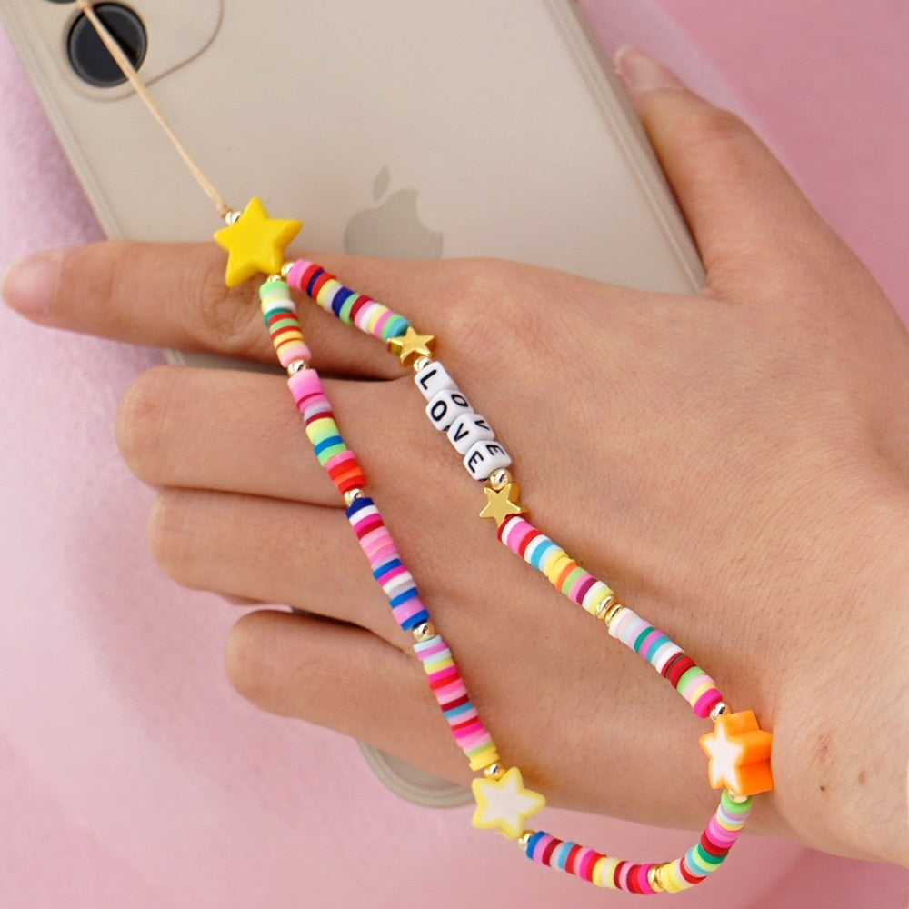 Shinus Heishi Disc Beads Crystal Chain For Phone Mobile Phone Lanyard Smile Cell Phone Chains 2021 LOVE Letter String Wristband