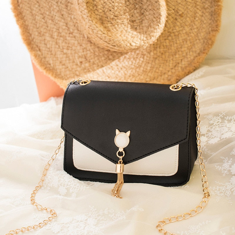 Women's Korean-Style Hardware Tassel Pu Shoulder Bag Contrast Color Purse Small Bag Patched Patched Simple Elegant Outdoor Bag