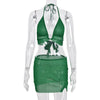 Freite 2022 summer new product AliExpress hot style sexy backless umbilical tie see-through bright silk ladies suit