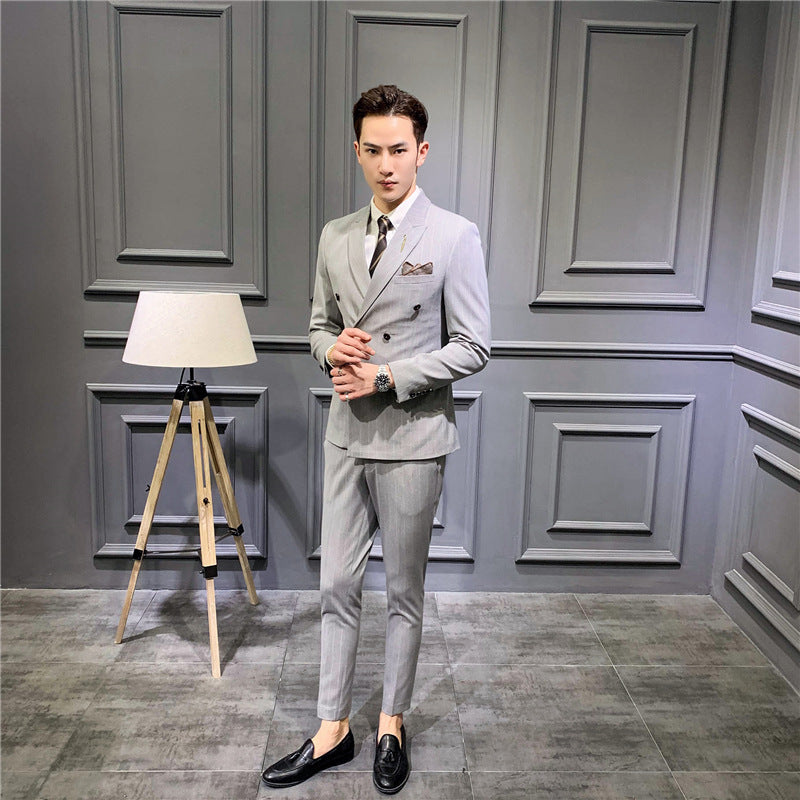 Suit set men's slim three-piece trend striped small suit fashion slim young men's dress