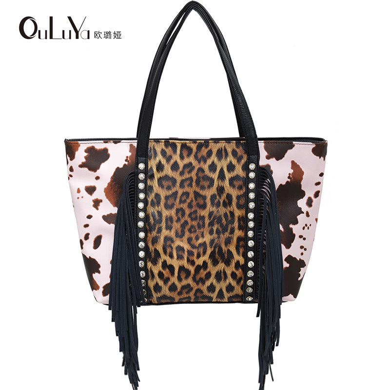 Large capacity rivet drill tassel bag leopard print with cow pattern shoulder bag side