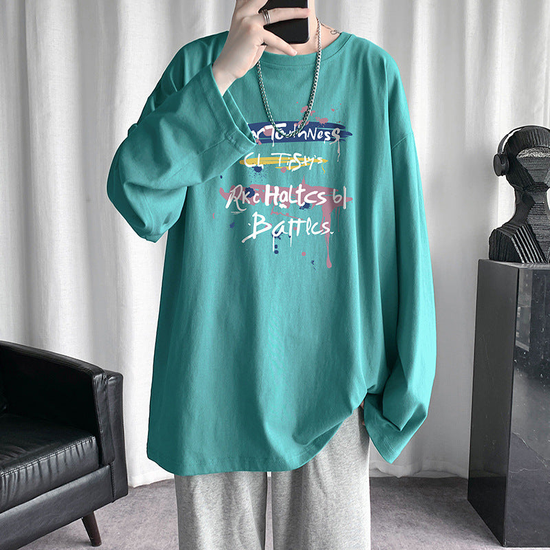 Round neck big size long-sleeved T-shirt male Hong Kong wind doodle cotton T-shirt teen spring and autumn new loose INS wind shirt