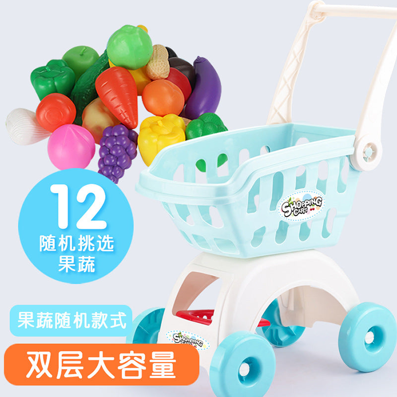 Small kid children passing home baby trolley toy boys girl supermarket shopping cart cut fruit