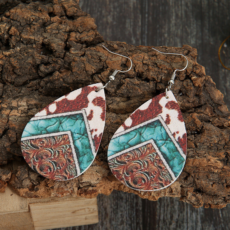 European and American foreign trade new retro water drop Western style cow pattern leather earrings personality pu double-sided earrings