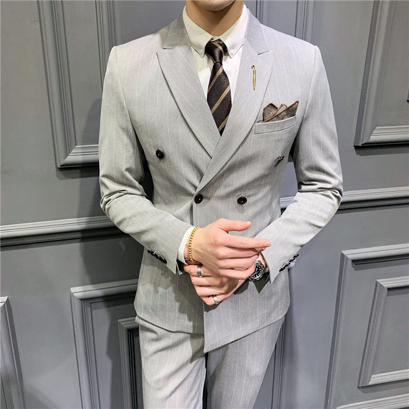 Suit set men's slim three-piece trend striped small suit fashion slim young men's dress