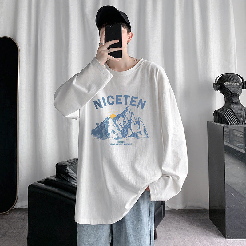 Round neck large size long-sleeved T-shirt male Hong Kong wind doodle cotton T-shirt teen loose INS style bottom shirt tide